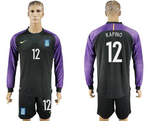 Greece #12 Kapino Black Goalkeeper Long Sleeves Soccer Country Jersey