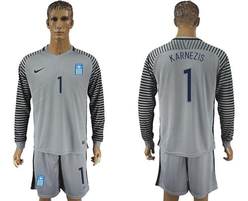 Greece #1 Karnezis Grey Goalkeeper Long Sleeves Soccer Country Jersey