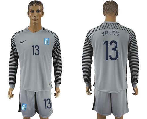 Greece #13 Vellidis Grey Goalkeeper Long Sleeves Soccer Country Jersey