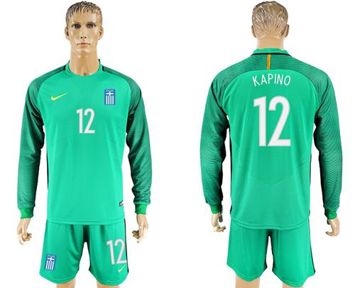 Greece #12 Kapino Green Goalkeeper Long Sleeves Soccer Country Jersey